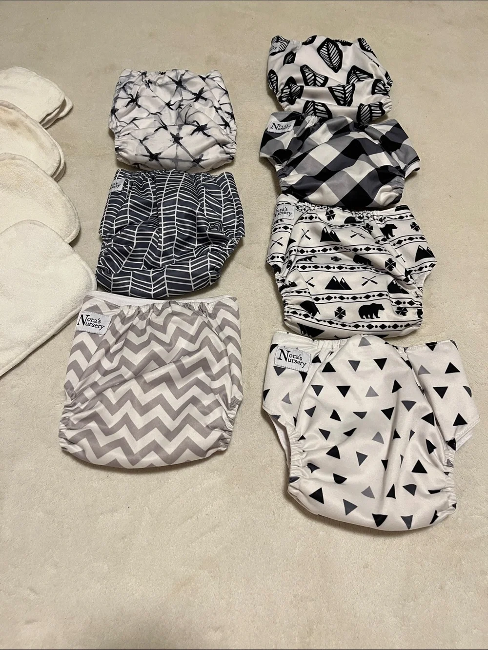 Nora’s Nursery | Adjustable Black & White Patterned Cloth Diaper Lot